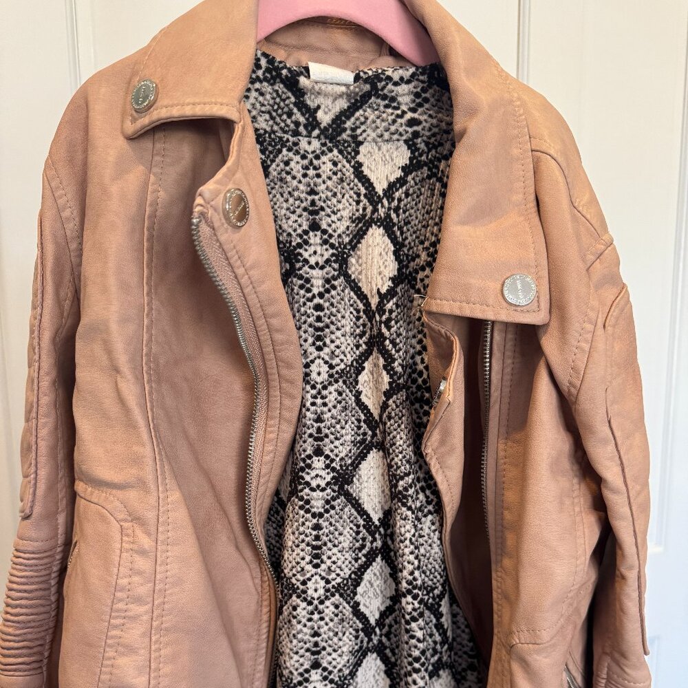 Pink (faux) leather jacket and animal print shirt girls size 10/12